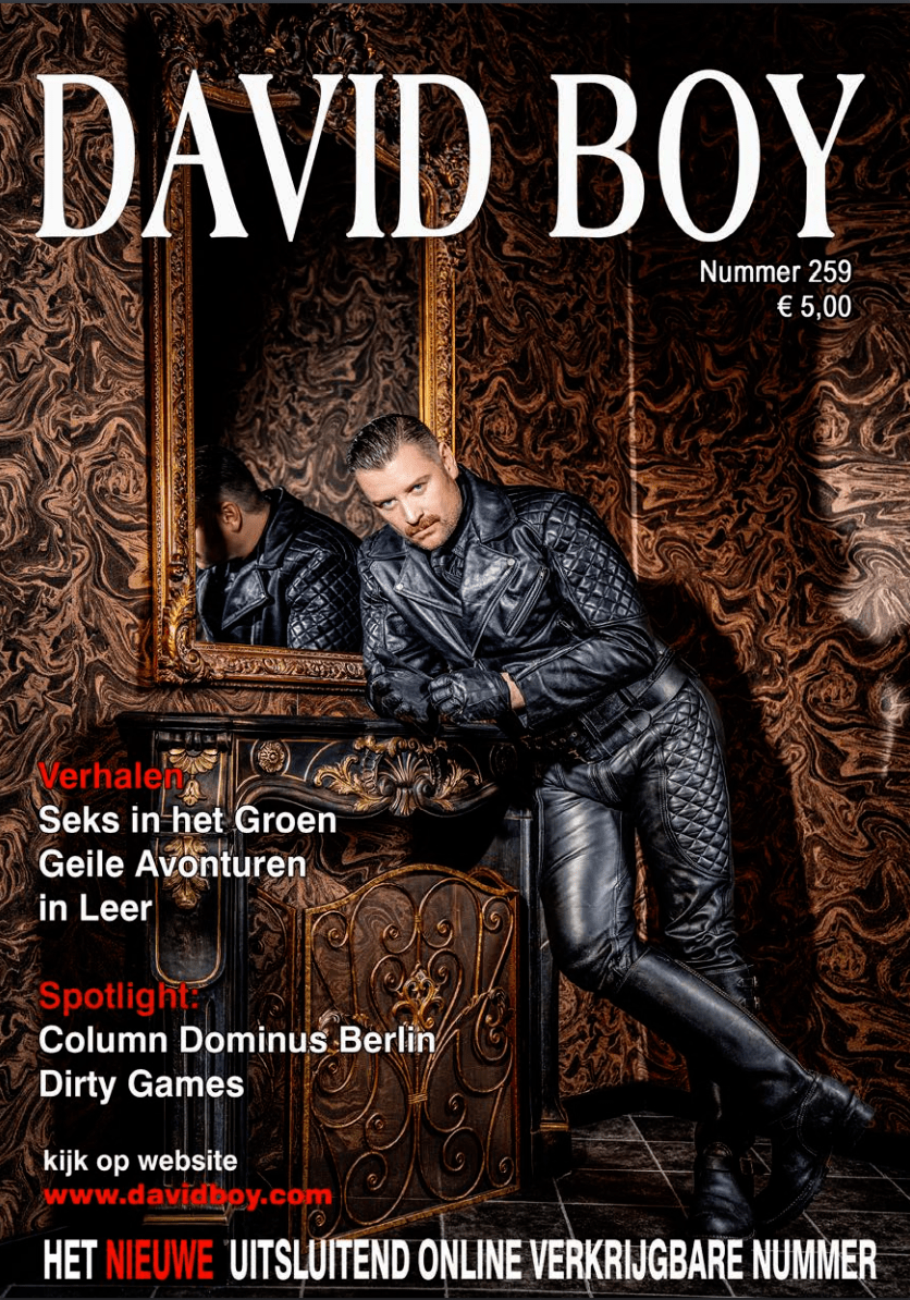 Titelseite des SM Magazin David Boy aus den Niederlanden mit Titelfoto SM Master Andre alias DominusBerlin in Lederoutfit vor Kaminwand