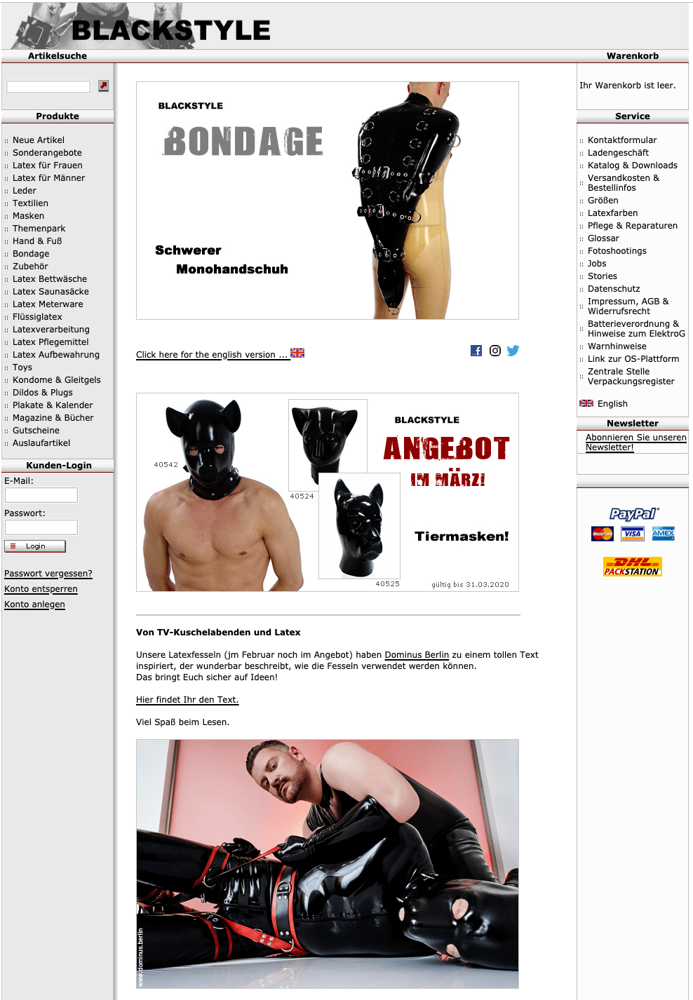 Werbeanzeige der Fetisch Seite Blackstyle Latex mit Hinweis auf SM Master Dominus Berlin alias Master Andre und Sklave gefesselt