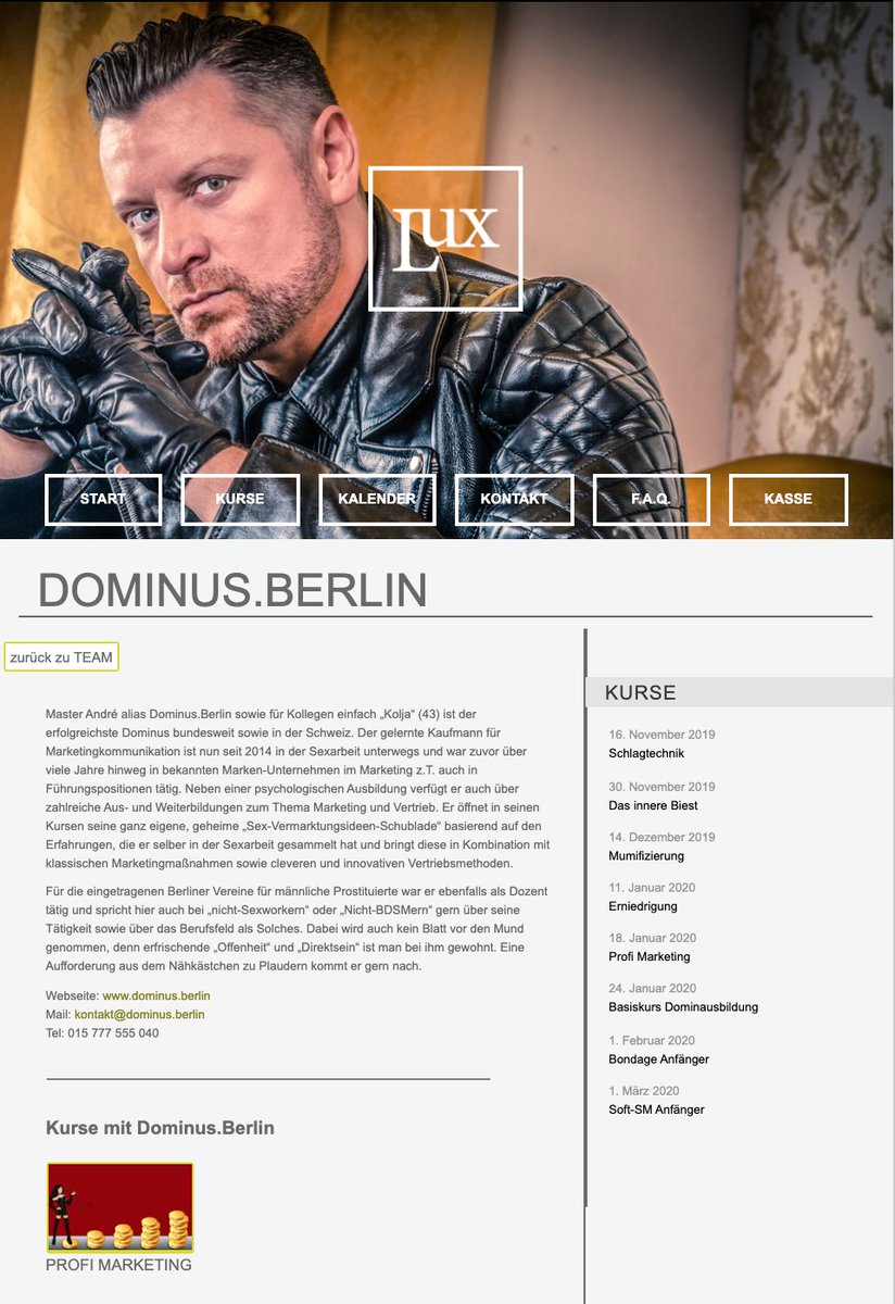 Homepage des Fetisch und Domina Studio Lux in Berlin mit Angaben zum SM Master Andre alias Dominus Berlin und angebotenen Kursen