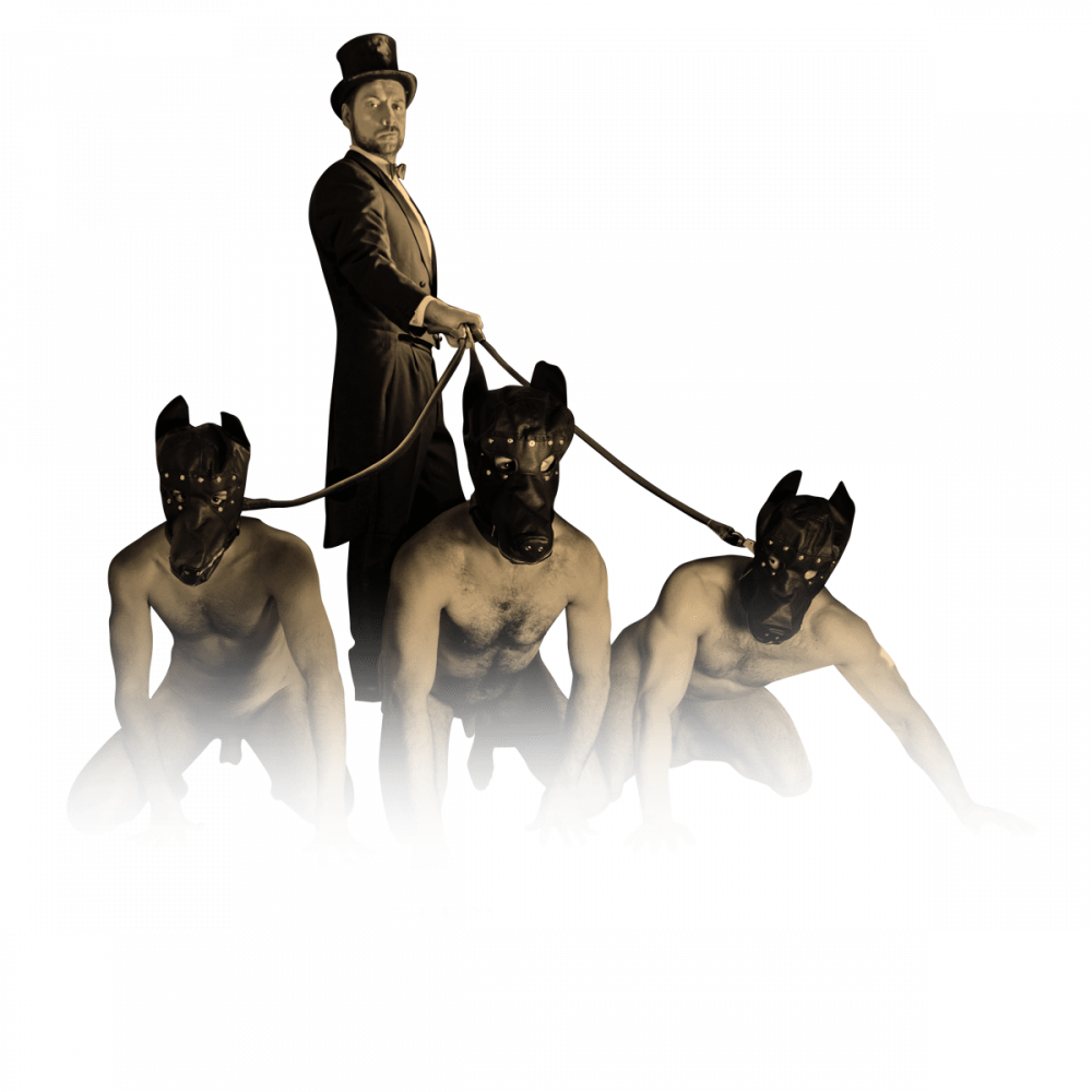 SM Master DominusBerlin alias Master Andre in Frack und Zylinder mit drei Sklaven nackt und mit Hundemaske an der Leine