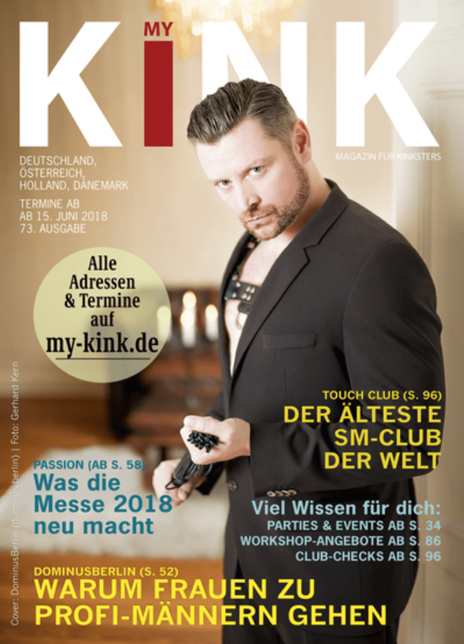 Titel Cover des Magazin My Kink mit Portrait und Artikel zum Thema Warum Frauen zu Profi-Maennern gehen vom SM Master DominusBerlin alias Master Andre im Anzug und mit Harness und Peitsche